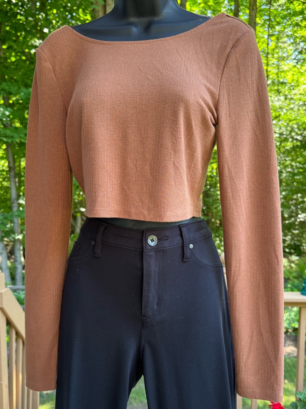 easel Cropped Boatneck Long-Sleeve Top in Rust Brown